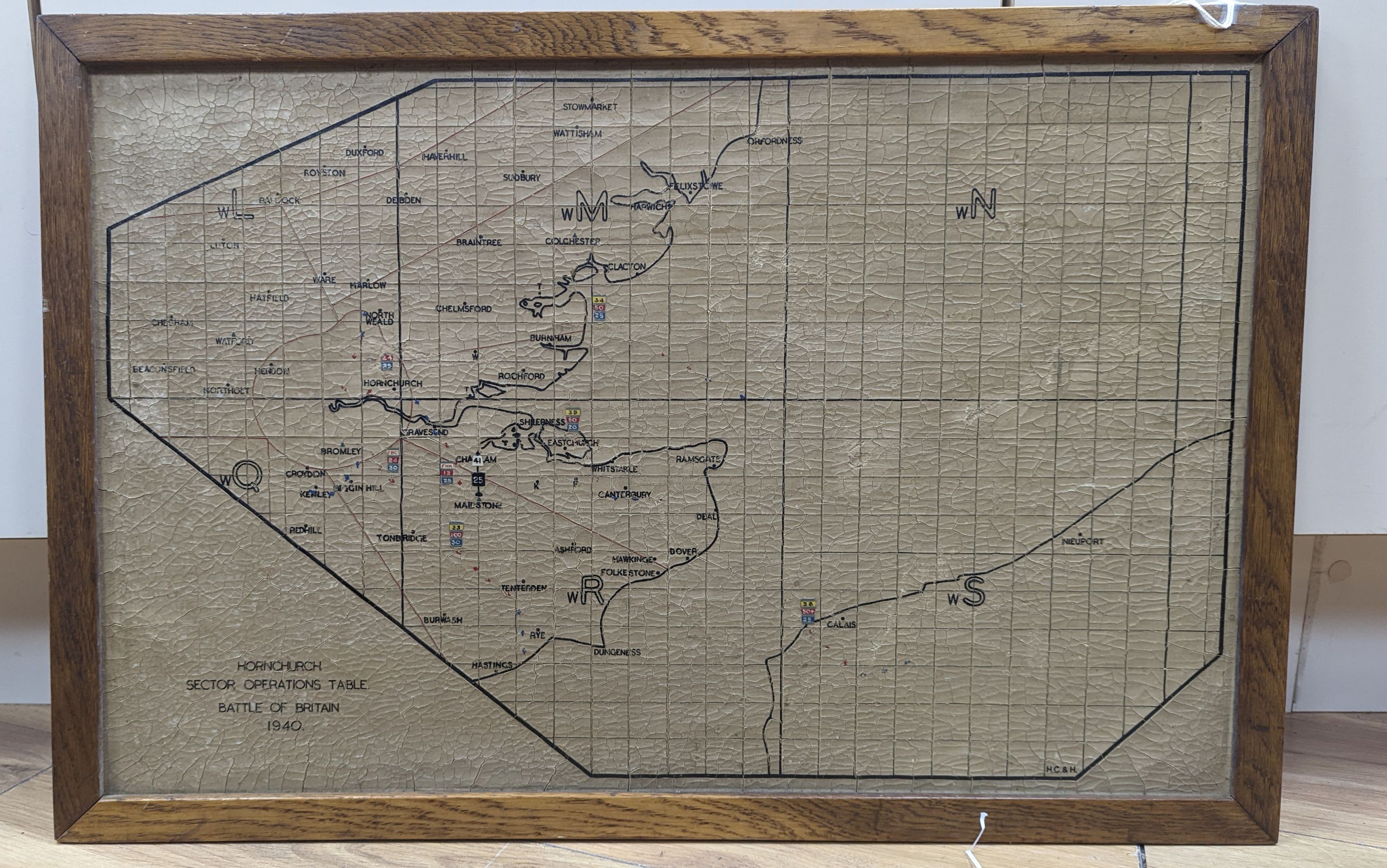 WWII Battle of Britain operations map, 1940, framed